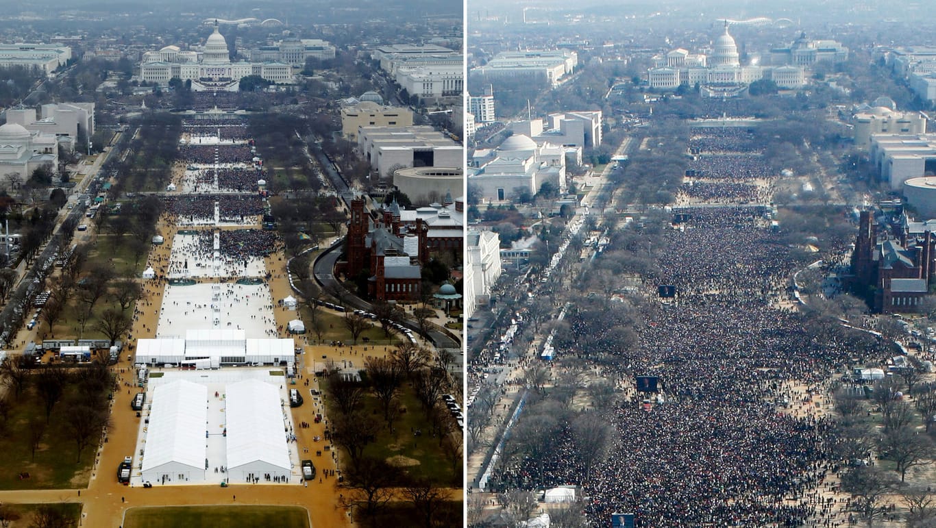 Welche Amtseinführung hatte mehr Besucher? Links ist die "National Mall" vor dem Kapitol in Washington bei Trumps Inauguration zu sehen, rechts die Menge bei Obamas erster Amtseinführung 2009.