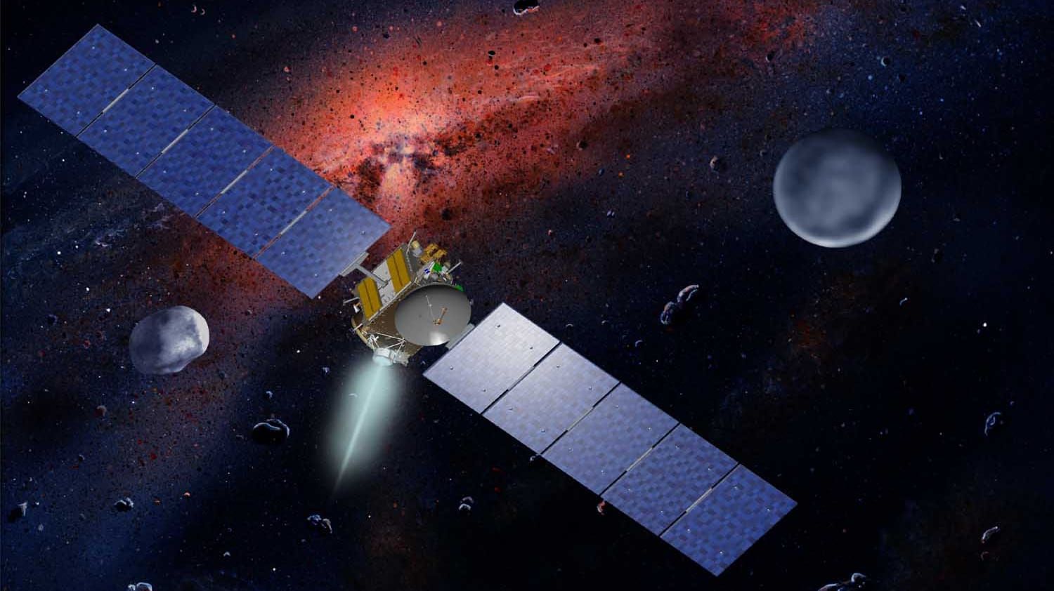 US-Raumfahrtsonde "Dawn": Eine künstlerische Darstellung mit den Protoplaneten Ceres und Vista. US-Raumfahrtsonde "Dawn": Eine künstlerische Darstellung mit den Protoplaneten Ceres und Vista.