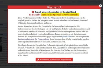 Vorschaltseite der freien Internet-Enzyklopädie Wikipedia, die zum Protest gegen die geplante Reform des europäischen Urheberrechts aufruft.