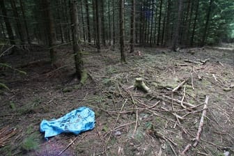 Ein blauer Kunststoff-Sack liegt in einem Waldstück im Saale-Orla-Kreis bei Rodacherbrunn.