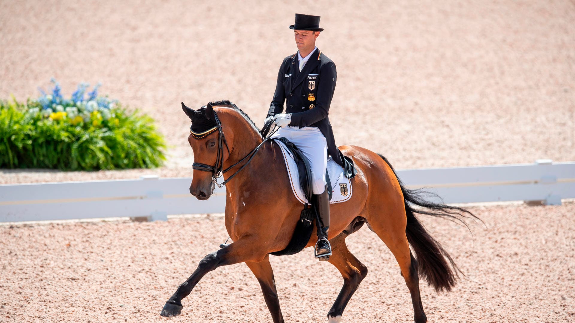 Sönke Rothenberger reitet auf seinem Pferd Cosmo über den Dressurplatz:Durch den Erfolg des Teams in den USA baute Deutschland seine beeindruckende Rekord-Serie in der Dressur aus.