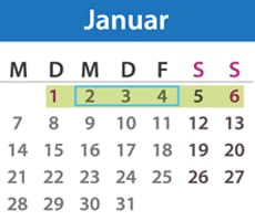 Brückentage Januar 2019: Die Feiertage sind lila markiert, die Urlaubstage blau umrandet und der Urlaubszeitraum grün unterlegt. Quelle: t-online.de/Nour Alnader