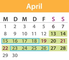 Brückentage April 2019: Die Feiertage sind lila markiert, die Urlaubstage blau umrandet und der Urlaubszeitraum grün unterlegt. Quelle: t-online.de/Nour Alnader