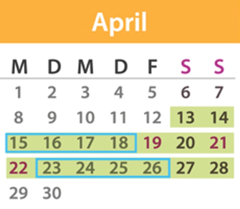 Brückentage April 2019: Die Feiertage sind lila markiert, die Urlaubstage blau umrandet und der Urlaubszeitraum grün unterlegt. Quelle: t-online.de/Nour Alnader