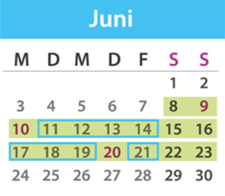 Brückentage Juni 2019: Die Feiertage sind lila markiert, die Urlaubstage blau umrandet und der Urlaubszeitraum grün unterlegt. Quelle: t-online.de/Nour Alnader