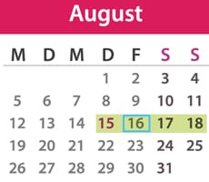 Brückentage August 2019: Die Feiertage sind lila markiert, die Urlaubstage blau umrandet und der Urlaubszeitraum grün unterlegt. Quelle: t-online.de/Nour Alnader