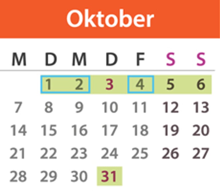 Brückentage Oktober 2019: Die Feiertage sind lila markiert, die Urlaubstage blau umrandet und der Urlaubszeitraum grün unterlegt. Quelle: t-online.de/Nour Alnader