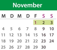 Brückentage November 2019: Die Feiertage sind lila markiert, die Urlaubstage blau umrandet und der Urlaubszeitraum grün unterlegt. Quelle: t-online.de/Nour Alnader