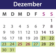 Brückentage Dezember 2019: Die Feiertage sind lila markiert, die Urlaubstage blau umrandet und der Urlaubszeitraum grün unterlegt. Quelle: t-online.de/Nour Alnader