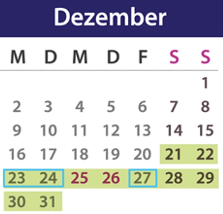 Brückentage Dezember 2019: Die Feiertage sind lila markiert, die Urlaubstage blau umrandet und der Urlaubszeitraum grün unterlegt. Quelle: t-online.de/Nour Alnader