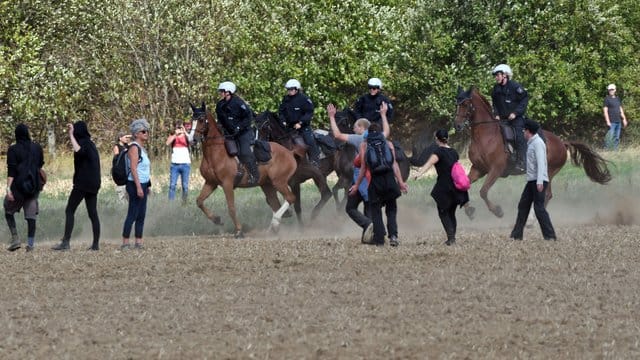 Polizisten auf Pferden versuchen, Demonstranten davon abzuhalten, in den "Hambacher Forst" einzudringen. Polizisten auf Pferden versuchen, Demonstranten davon abzuhalten, in den "Hambacher Forst" einzudringen.