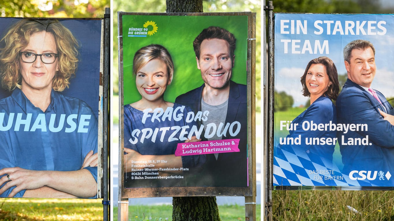Die Wahlplakate von SPD, Bündnis 90/Die Grünen und CSU zur Landtagswahl in Bayern.