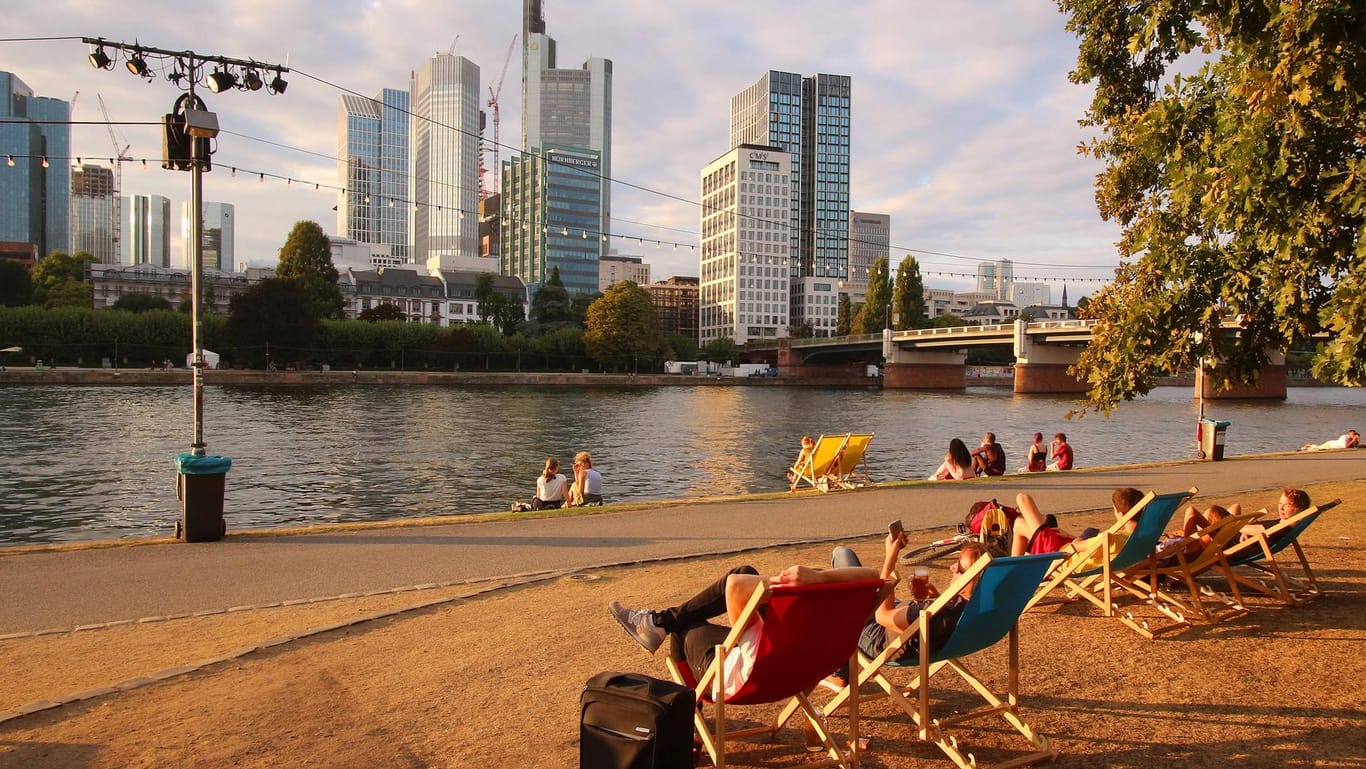 Liegestühle am Mainufer in Frankfurt: Monatelange Hitze: Während die einen jubeln, schlägt anderen der Jahrhundertsommer aufs Gemüt.