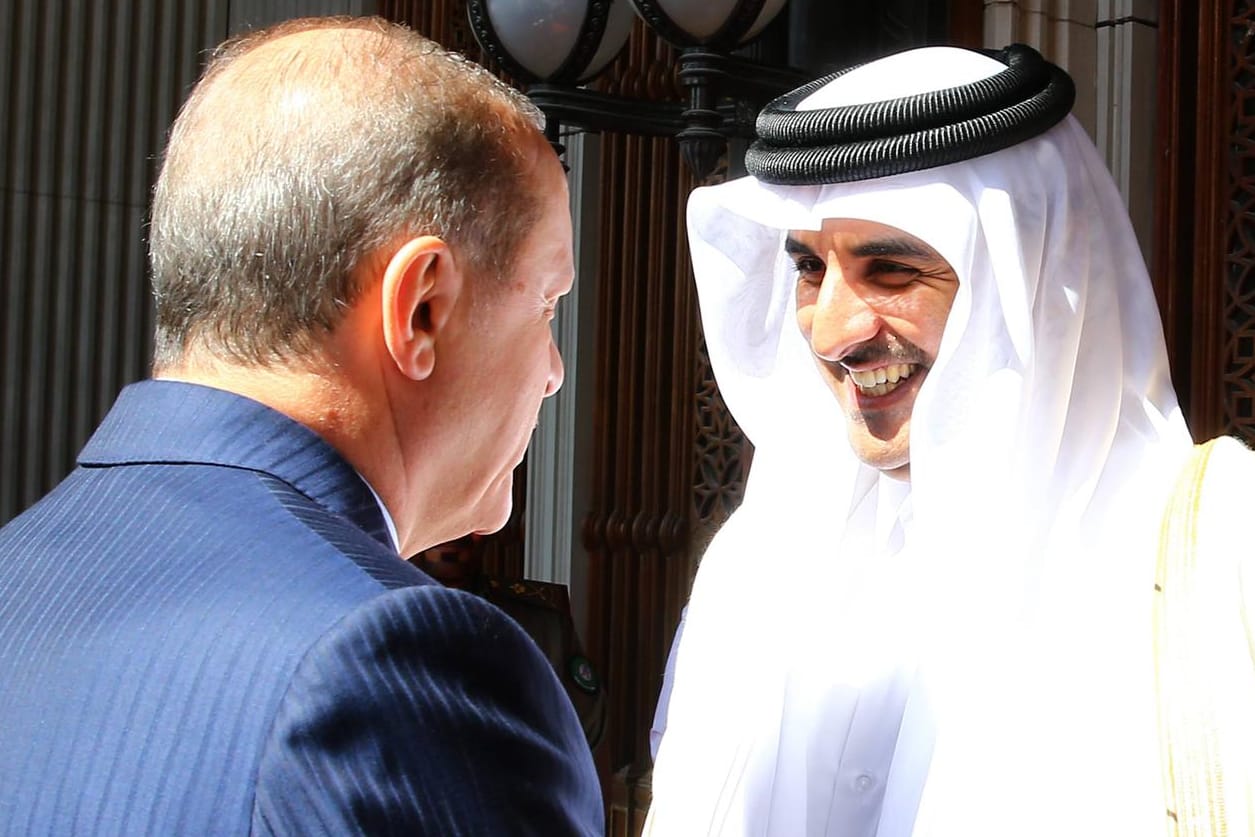Der türkische Präsident Recep Tayyip Erdogan (links) trifft sich mit Scheich Tamim bin Hamad al-Thani im Jahr 2017 (Archivbild): Trotz Kritik der Opposition wird der türkische Präsident in Zukunft das von dem Scheich zur Verfügung gestellte Flugzeug für seine Reisen nutzen.