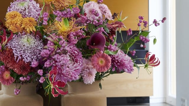 Chrysanthemen ergeben gemeinsam mit violetten Calla und rosa Gerbera einen prächtigen Strauß.