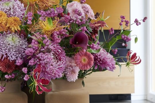 Chrysanthemen ergeben gemeinsam mit violetten Calla und rosa Gerbera einen prächtigen Strauß.