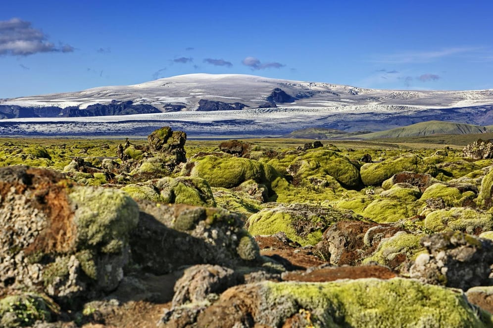 Ein mit Moos bewachsenes Lavafeld mit dem Vulkan Katla im Hintergrund (Archivbild): Neue Messverfahren zeigen, dass der Vulkan in Island große Mengen an CO2 ausstößt. Diese seien ein deutlicher Hinweis auf bedeutende Aktivitäten innerhalb des Vulkans, so eine Vulkanologin der britischen Universität Leeds.