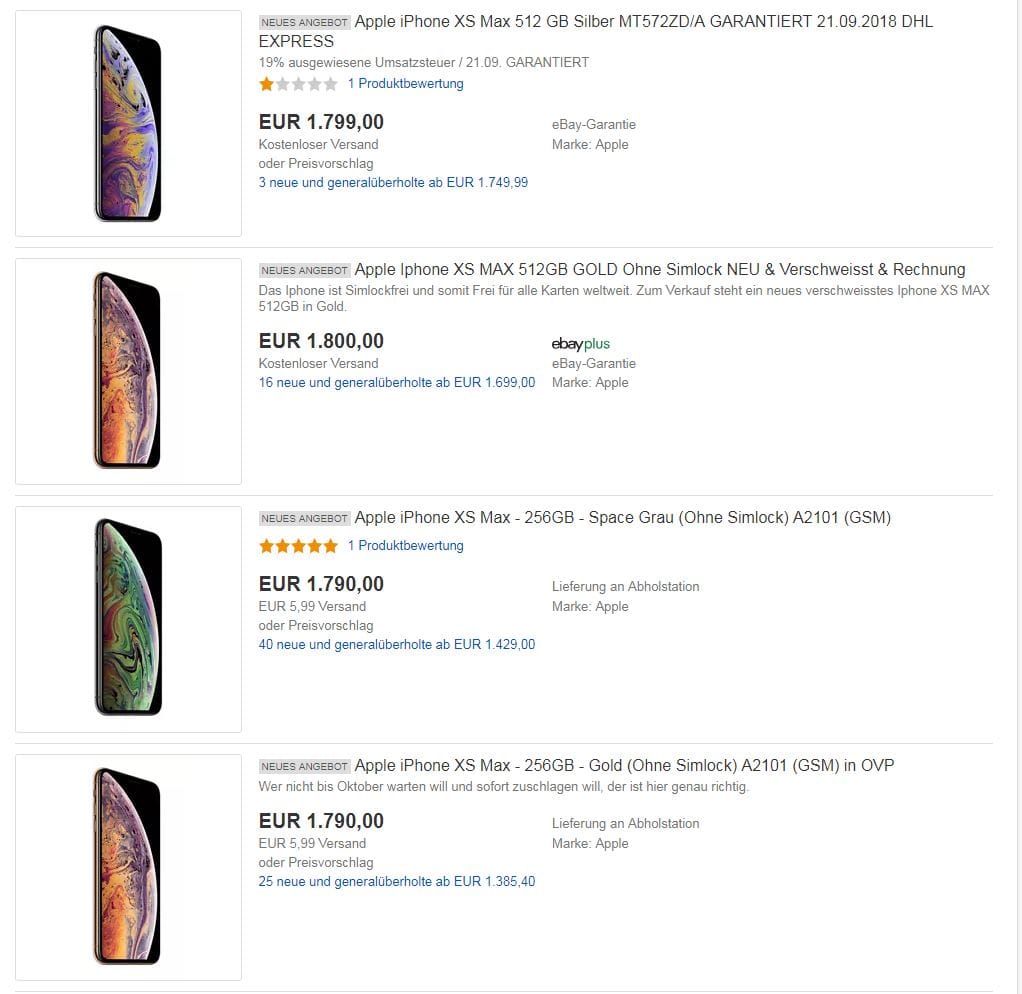Weit über dem Verkaufspreis von Apple wieder iPhones X Max bei eBay angeboten.