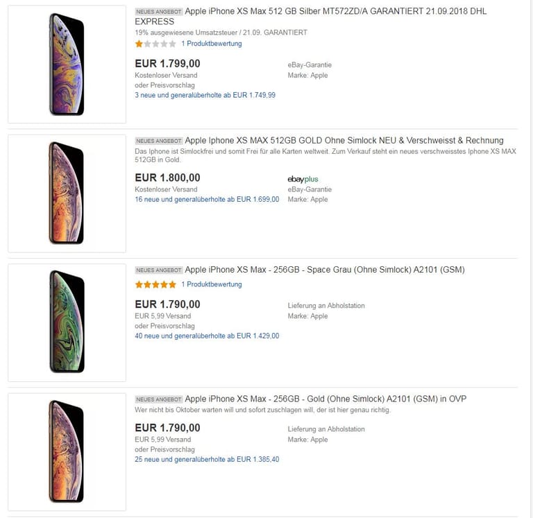 Weit über dem Verkaufspreis von Apple wieder iPhones X Max bei eBay angeboten.