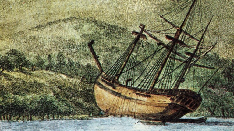 Ein Gemälde des Schiffs: Wegen ihrer Bauweise konnte die Endeavour leicht an Land gezogen werden.