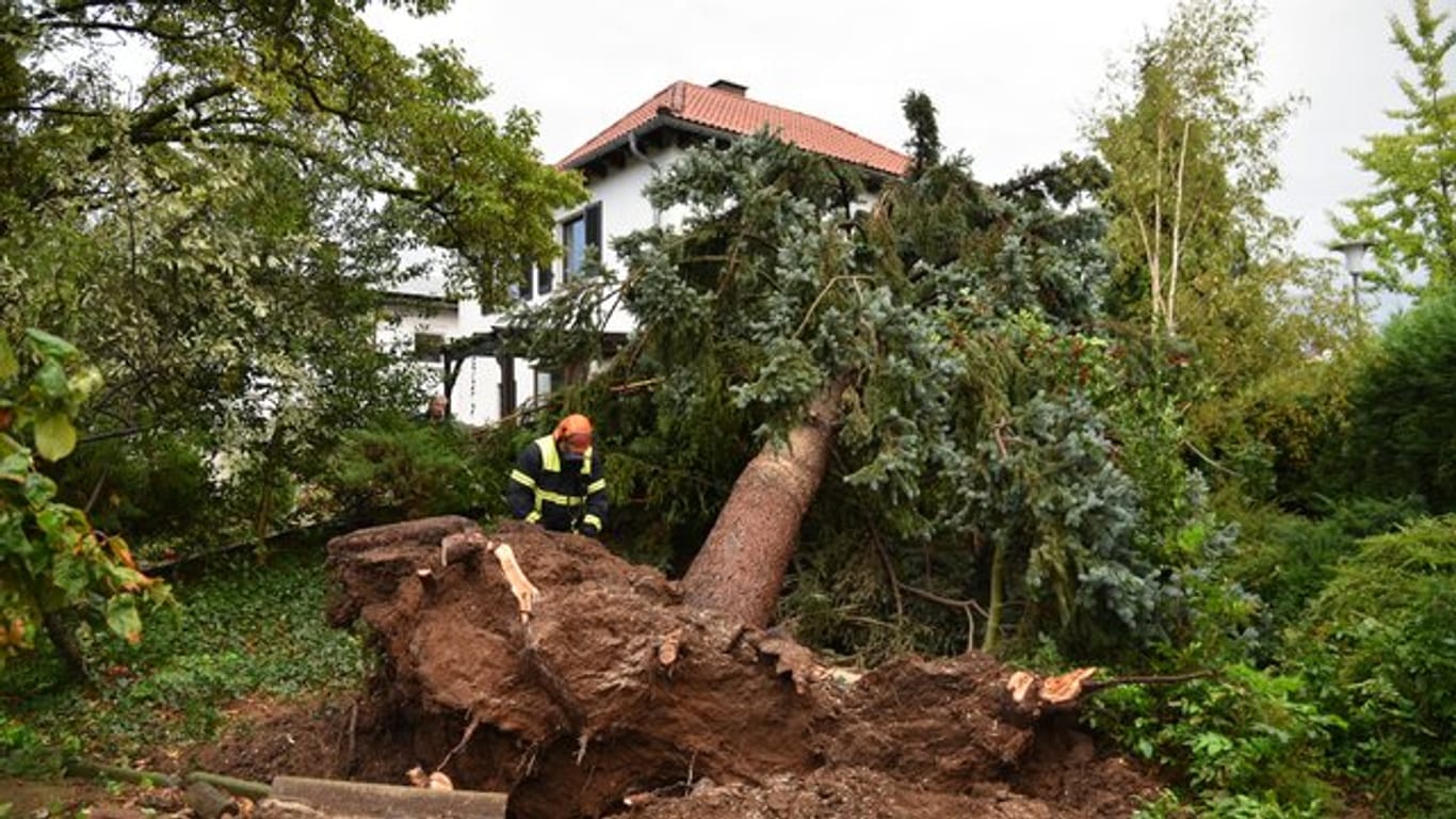 Ein Feuerwehrmann zersägt in Eppelheim einen Baum, der durch einen Sturm auf ein Haus gestürzt ist.