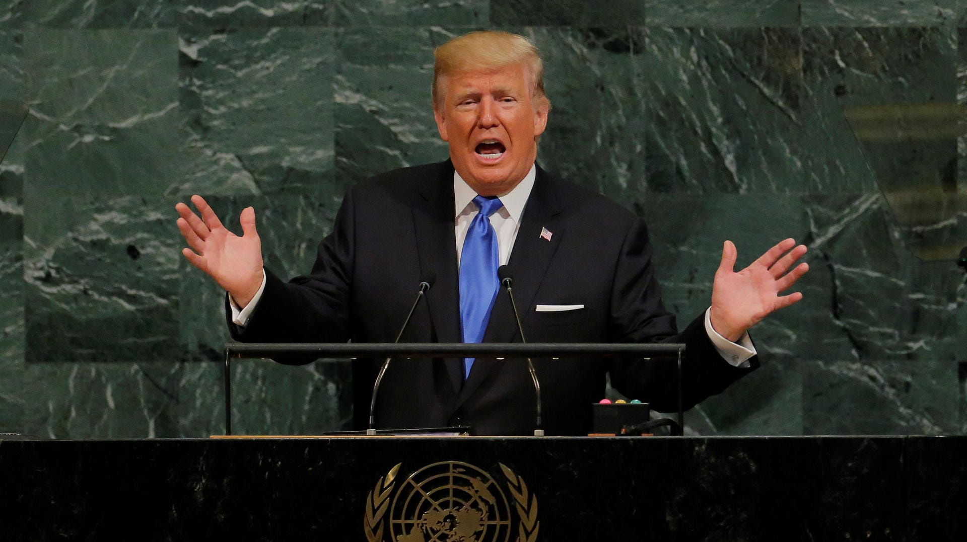 September 2017: US-Präsident Donald Trump bei seiner Rede vor der 72. UN-Vollversammlung in New York. September 2017: US-Präsident Donald Trump bei seiner Rede vor der 72. UN-Vollversammlung in New York.