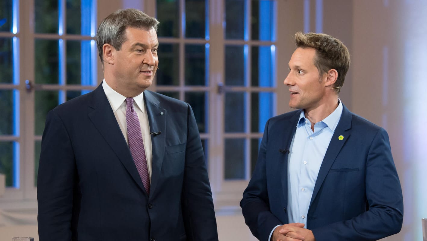 Markus Söder und Ludwig Hartmann: Bayerns Ministerpräsident und der grüne Landtagsfraktions-Chef standen sich beim einzigen TV-Duell vor der bayerischen Wahl gegenüber. Markus Söder und Ludwig Hartmann: Bayerns Ministerpräsident und der grüne Landtagsfraktions-Chef standen sich beim einzigen TV-Duell vor der bayerischen Wahl gegenüber.