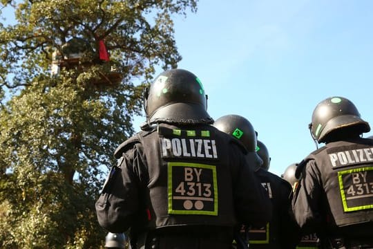 Polizisten vor einem Baumhaus im Hambacher Forst.