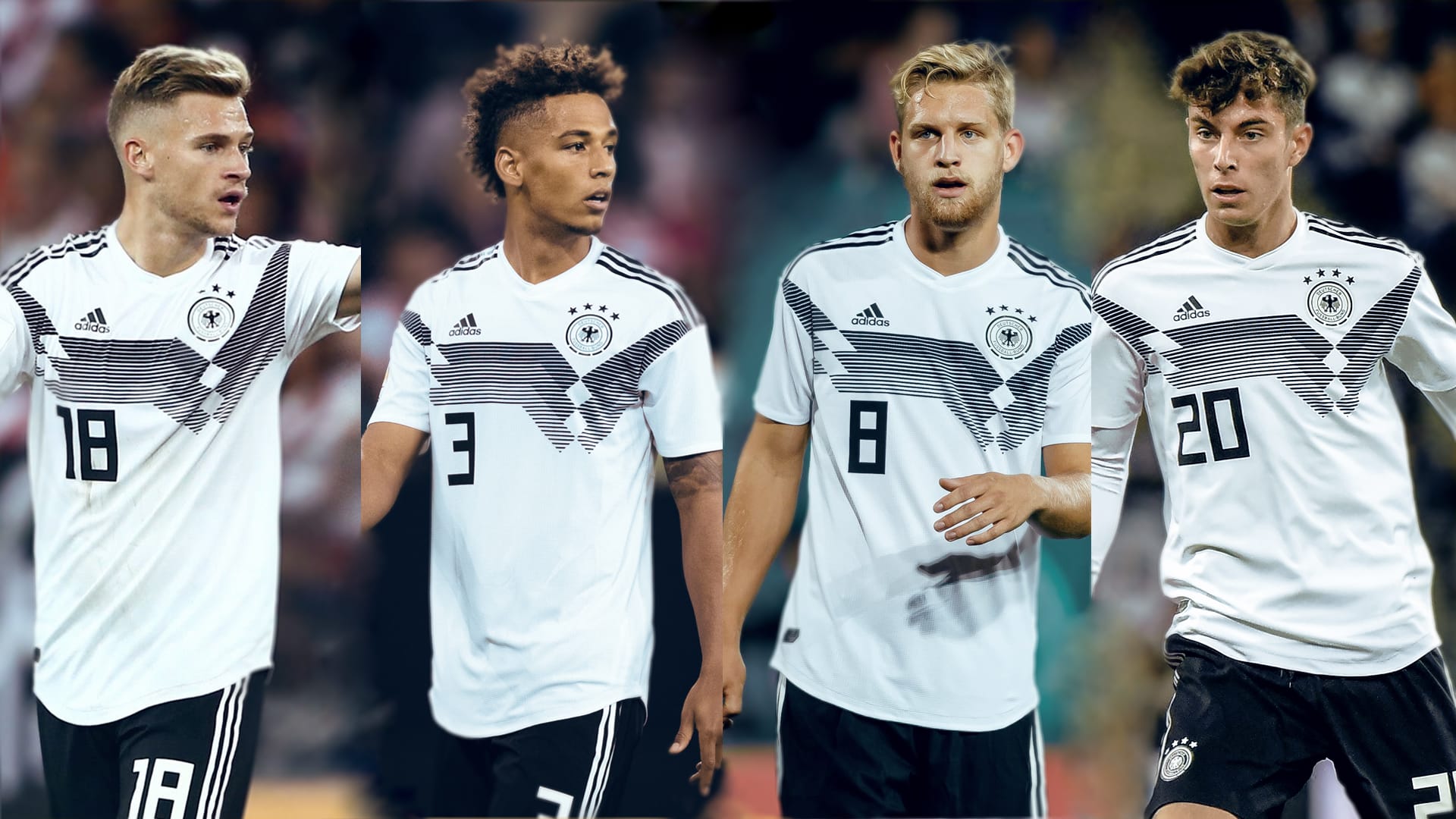 Vier Starter bei der EM 2024 (v.l.n.r.)? Joshua Kimmich, Thilo Kehrer, Arne Maier und Kai Havertz.