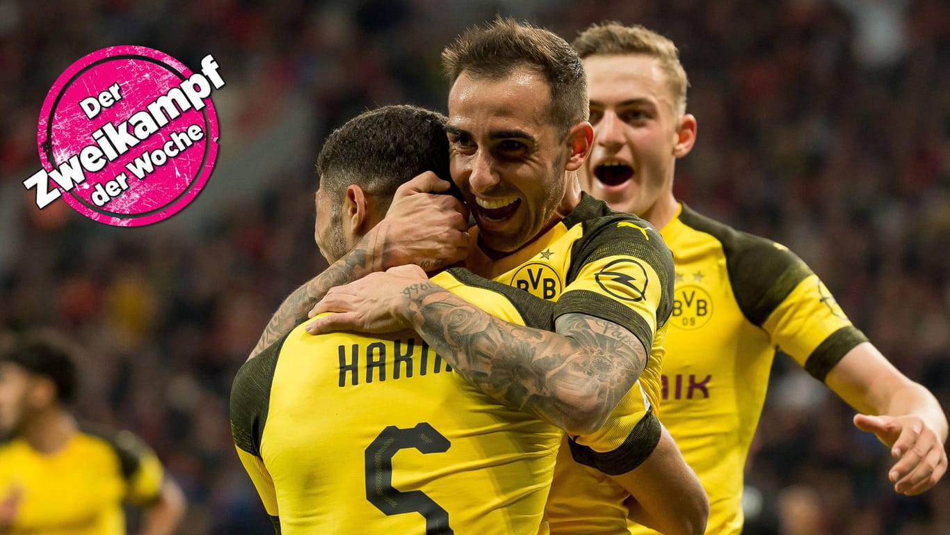 Hakimi (v.l.), Alcacer und Larsen haben mit einer fulminanten Aufholjagd das Spiel bei Bayer Leverkusen gedreht. Was ist drin in dieser Saison für Borussia Dortmund?