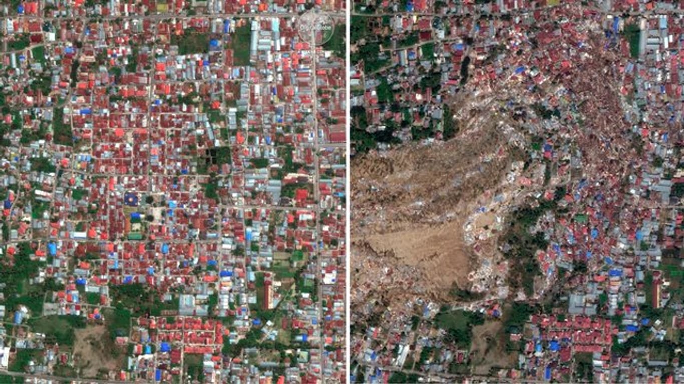 Die Bildkombo aus von DigitalGlobe zur Verfügung gestellten Satellitenaufnahmen zeigt ein Stadtviertel von Palu, dass beim Tsunami zerstört wurde.