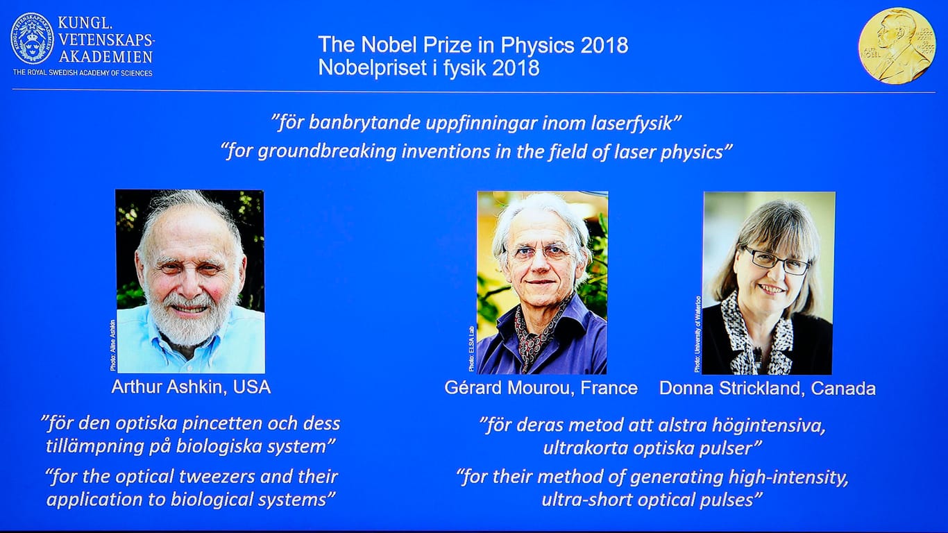 Stockholm: Die Nobelpreisträger für Physik 2018, Arthur Ashkin aus den USA, Gerard Mourou aus Frankreich und Donna Strickland aus Kanada (von links nach rechts).