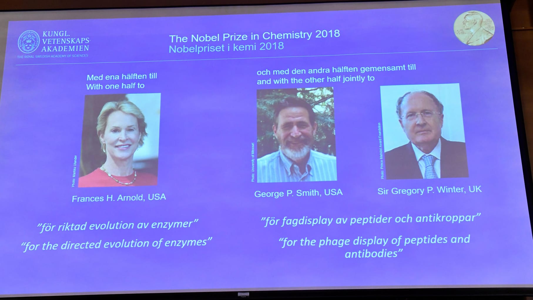 Frances H. Arnold, George P. Smith und Gregory P. Winter: Die drei Wissenschaftler haben sich um die "grüne Chemie" verdient gemacht.