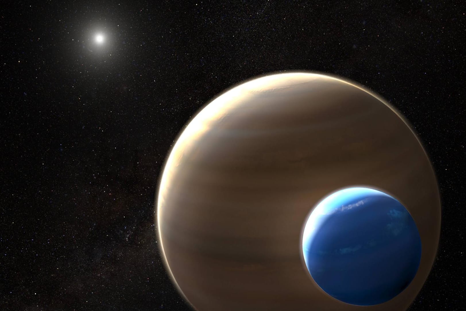 "Wie ein Hund an der Leine": Die von der NASA veröffetnliche Darstellung zeigt im Vordergrund den ersten Kandidaten eines Exo-Mondes.