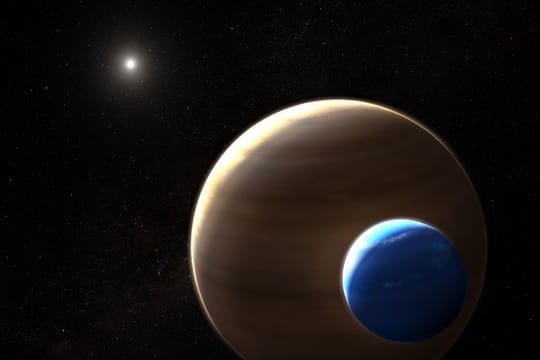 Die Illustration zeigt den Planeten Keppler-1625b und seinen Mond.