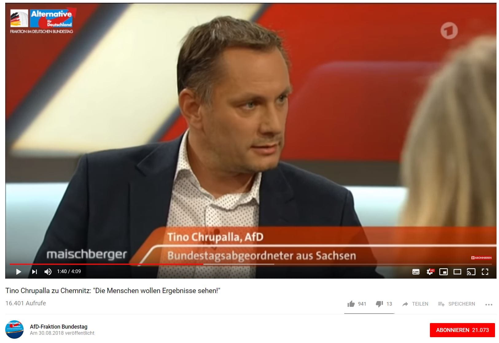 Der AfD-Bundestagsabgeordnete Tino Chrupalla in der ARD-Sendung "Maischberger": Die AfD-Fraktion im Bundestag nutzt den Ausschnitt zur Öffentlichkeitsarbeit.
