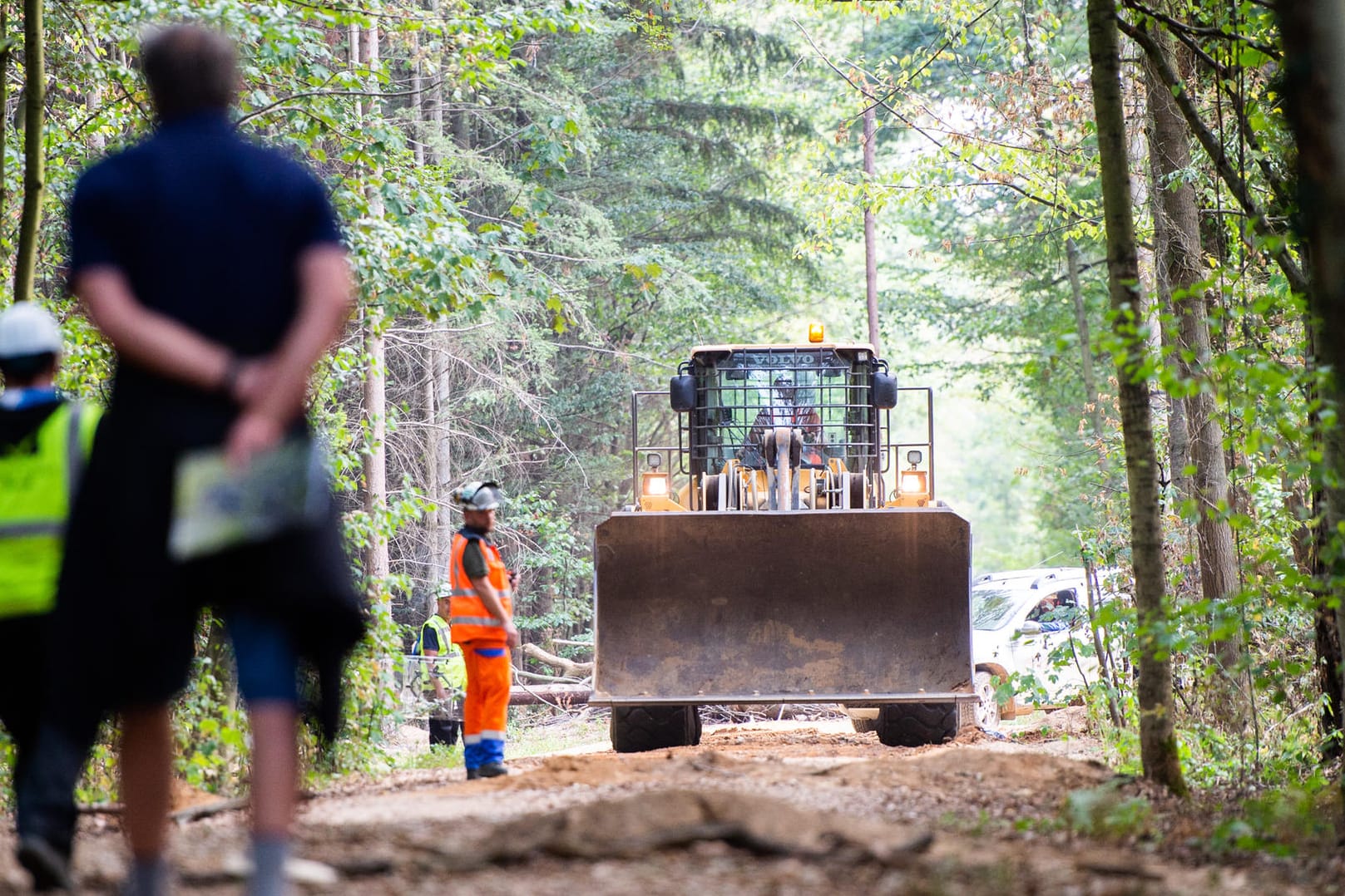 Rodung vorerst gestoppt: Ein Bagger des Energiekonzerns RWE fährt durch den Hambacher Forst.