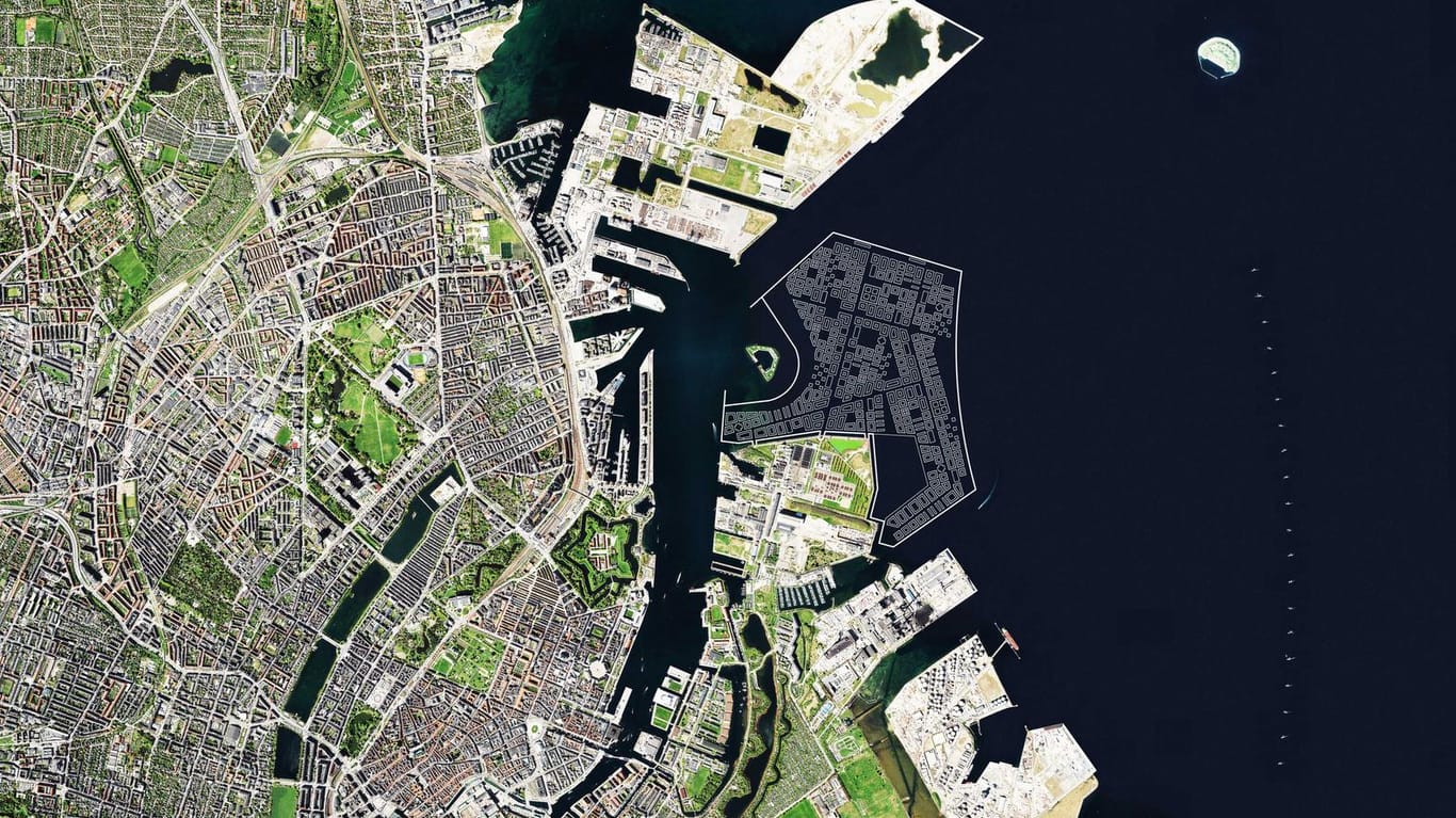 Visualisierung des neuen Stadtteils von Kopenhagen: Eine riesige künstliche Insel soll Dänemarks Hauptstadt Kopenhagen vergrößern und gleichzeitig vor Sturmfluten und steigendem Meeresspiegel schützen.