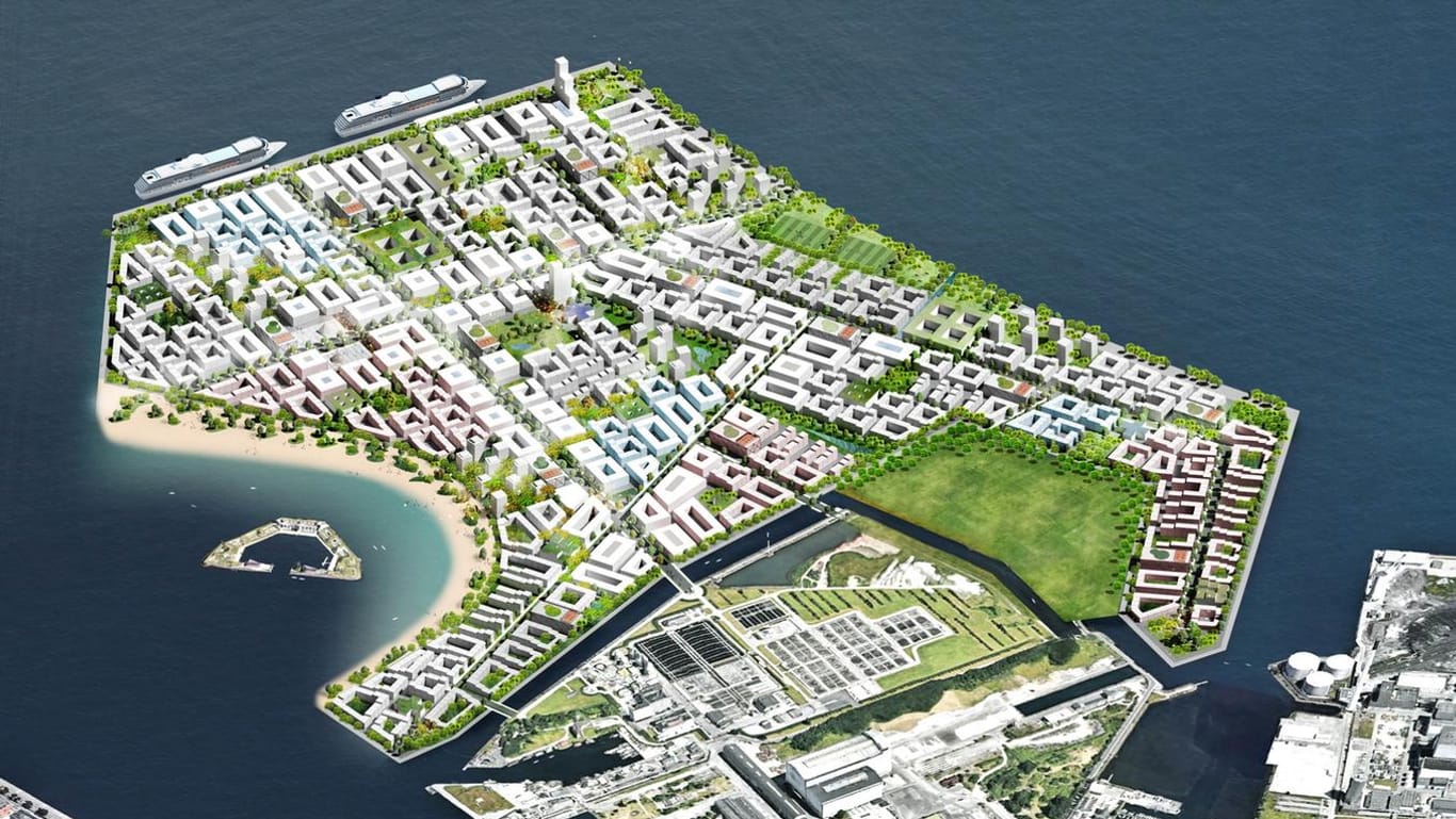 Detailansicht der Visualisierung der geplanten künstlichen Insel: Sie soll Wohnraum für 35.000 Menschen bieten.