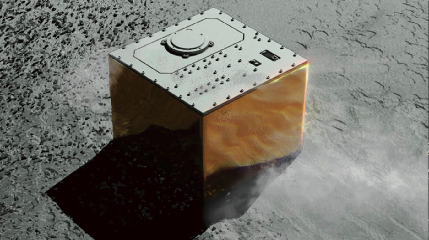 Die Computergrafik der japanischen Raumfahrtbehörde (JAXA) zeigt das deutsch-französische Messgerät «Mascot» auf dem Asteroiden Ryugu: Rund 300 Millionen Kilometer von der Erde entfernt hat das deutsch-französische Messgerät «Mascot» seine Mission erfolgreich beendet.