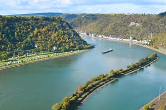 Blick von der Loreley auf Rhein und Rheinschleife: Hier fuhr sich das Tankschiff fest.