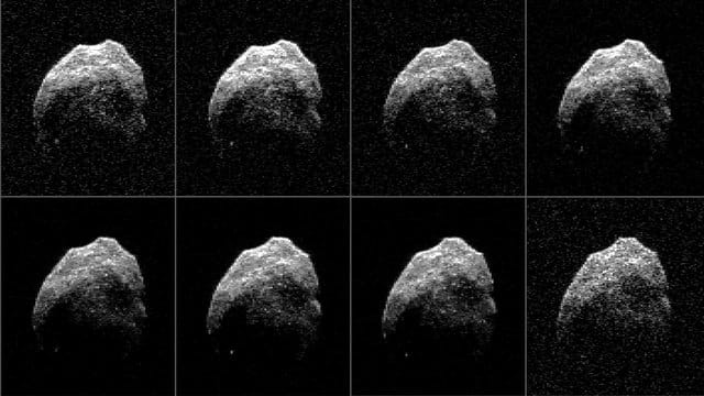 Die Bildkombo zeigt den Asteroid 2015 TB145, der in acht einzelnen Radarbildern dargestellt wird. Die Bildkombo zeigt den Asteroid 2015 TB145, der in acht einzelnen Radarbildern dargestellt wird.