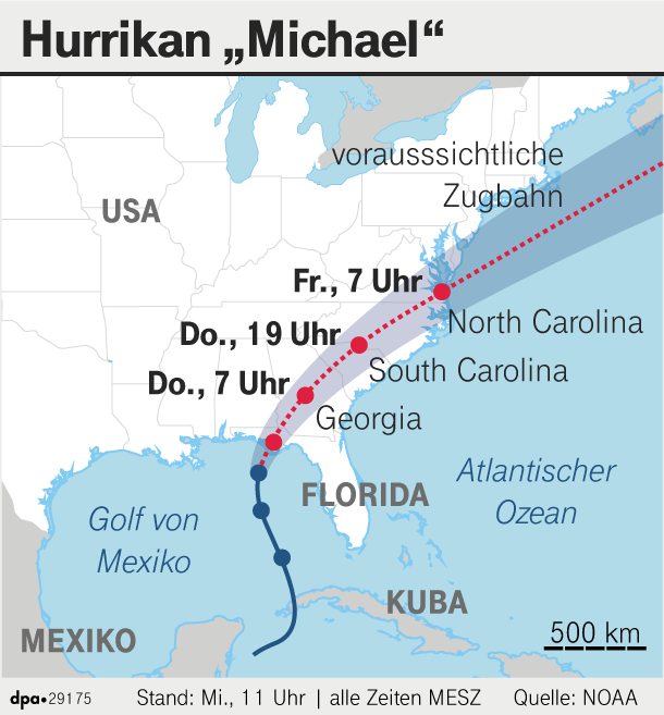 Der US-Wetterdienst erwartet, dass "Michael" im Nordwesten Floridas auf Land trifft, sich über Georgia abschwächt und nach South Carolina und North Carolina weiterzieht.