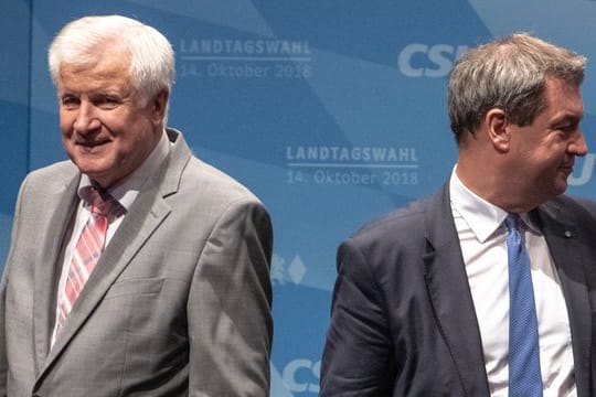 Markus Söder, Ministerpräsident von Bayern und Horst Seehofer, Bundesinnenminister, während einer Wahlkampfkundgebung.