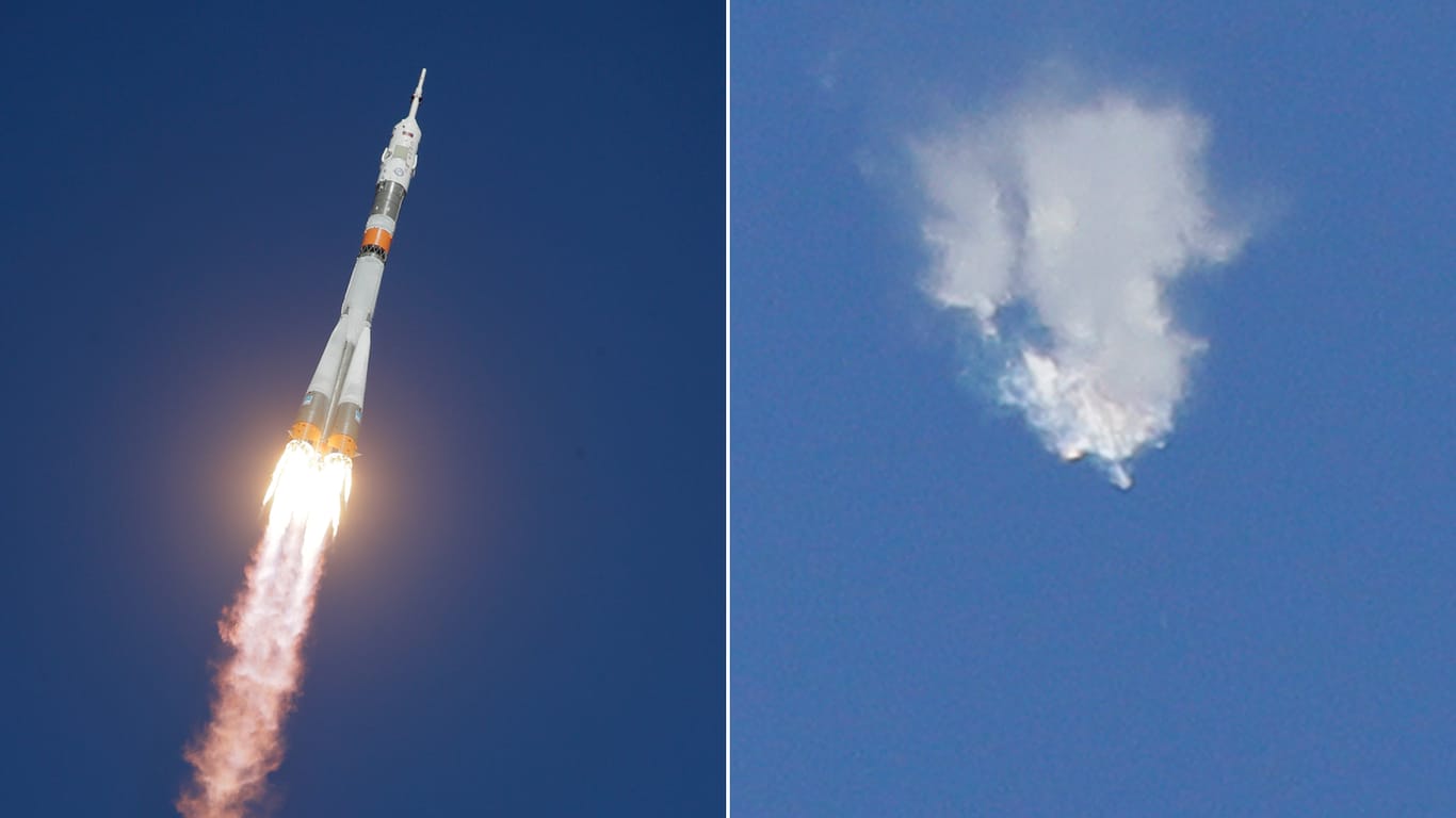 Die Sojus-Rakete beim Start in Baikonur (l): Kurz danach kam es zu einem technischen Problem.