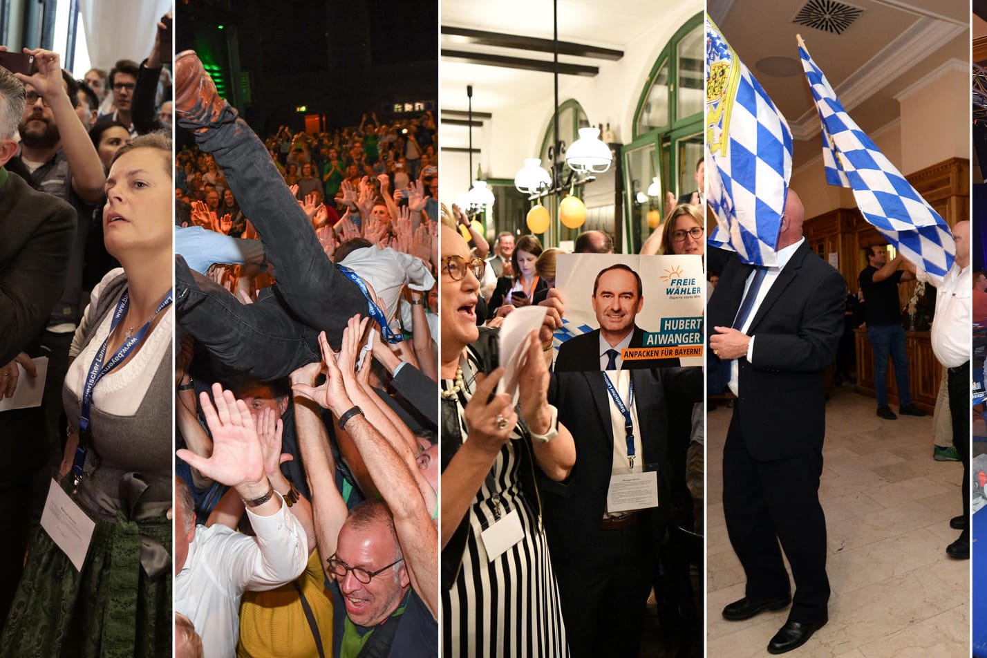 Wahlparties in Bayern: Die Ergebnisse der Landtagswahl waren nicht für jede Partei ein Anlass zum Feiern. Von links nach rechts: CSU, Bündnis 90/Die Grünen, Freien Wähler, AfD, SPD.