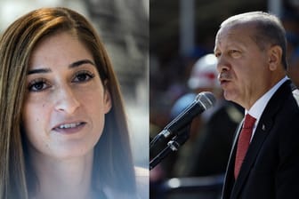 Die Bildkombination zeigt die deutsche Journalistin Mesale Tolu (l.) und den türkischen Präsidenten Recip Tayyip Erdogan (r.): Tolu ist in der Türkei wegen Unterstützung einer Terror Organisation angeklagt.
