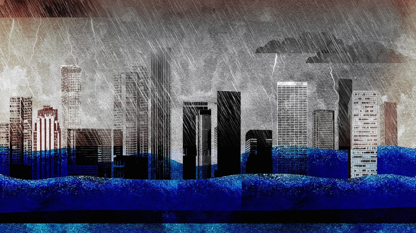 Städtische Wolkenkratzer versinken im Gewitter und steigenden Wellen: Die nächste Rezession kommt – und die Politik ist nicht vorbereitet, schreibt unsere Kolumnistin Ursula Weidenfeld.