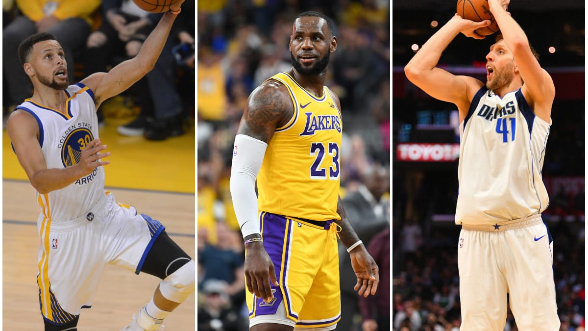 Im Fokus: Stephen Curry, LeBron James und Dirk Nowitzki (v. li.).