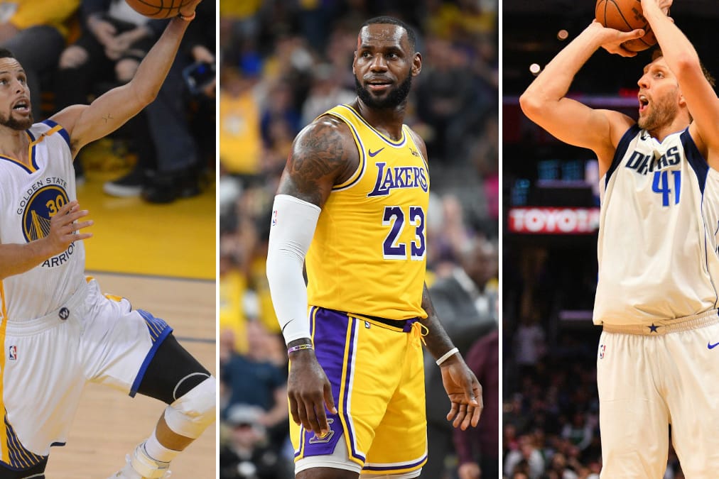 Im Fokus: Stephen Curry, LeBron James und Dirk Nowitzki (v. li.).